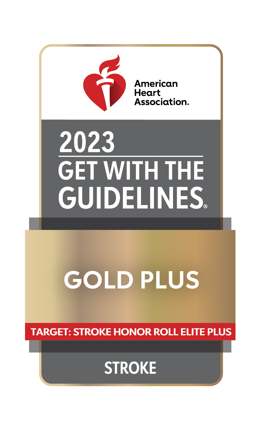 AHA 2023 Award Seal for the Get With the Guidelines Gold Plus recognition